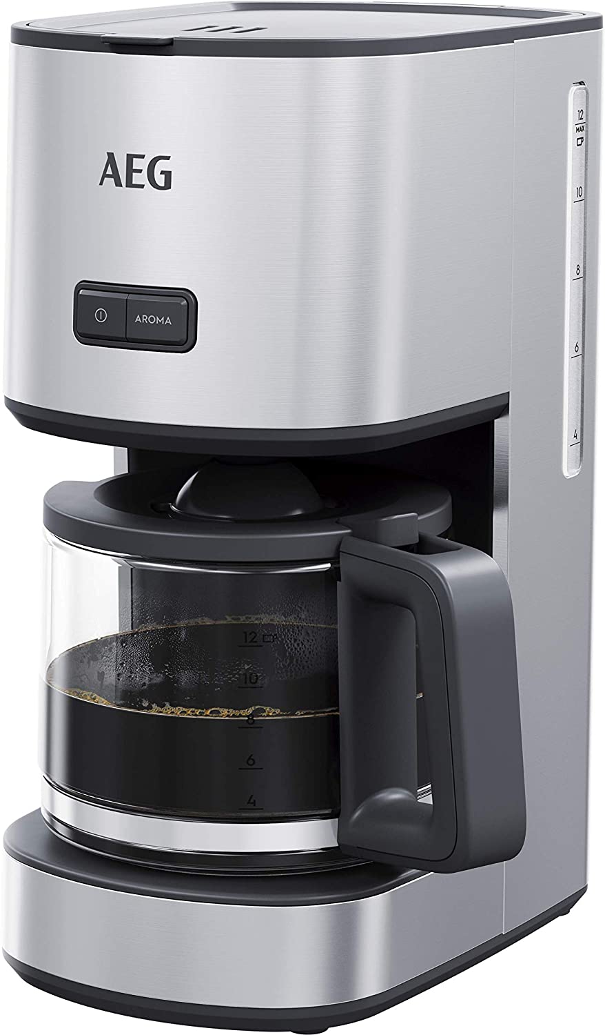 AEG CM4-1-4ST Coffee Machine / 1.5 L Glass Jug / 12 Cups / Keep Warm Function / Flavour Selectable / Anti-drip Valve / Removable Filter Basket / Safety Shut Off / Brushed Stainless Steel