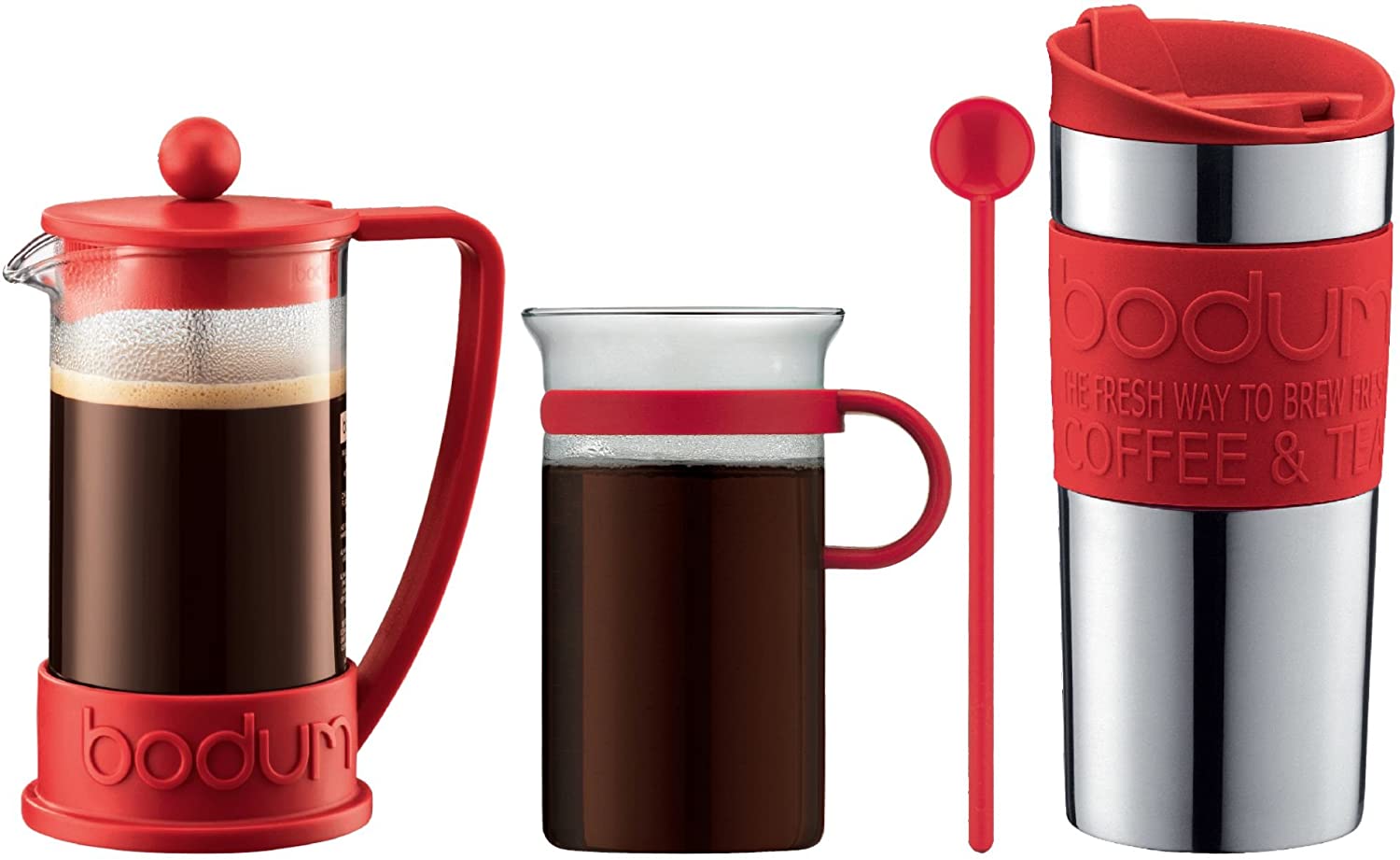 Bodum Coffee Set Red K10948-294 with Matching 3 cup Cafetiere (Brazil Coffee Press), Bodum Vacuum Travel Mug, Large Bistro Nouveau Coffee Glass and Red Bistro Spoon