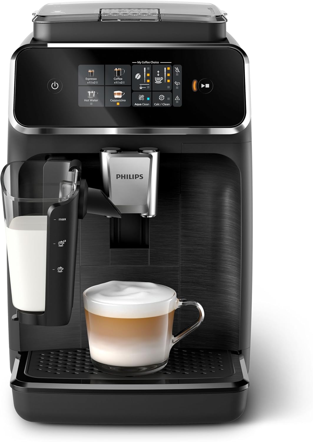 Philips 2300 Series Fully Automatic Coffee Machine - 4 Drinks, Modern Color Touchscreen Display, LatteGo Milk System, SilentBrew, 100% Ceramic Grinder, AquaClean Filter, Matte Black (EP2330/10)