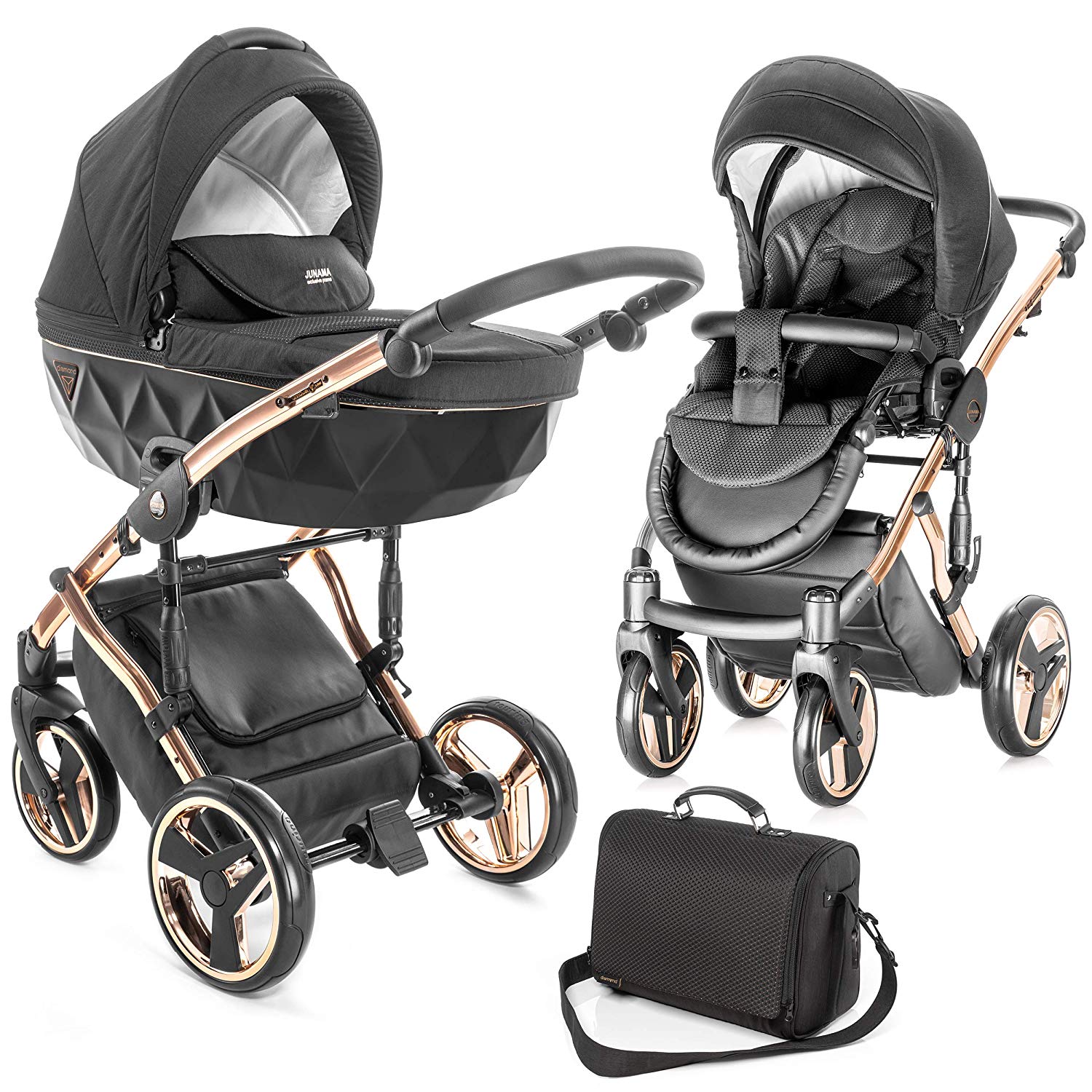 Junama Diamond 2-in-1 Combination Pram Set with Baby Carrycot and Sports Pushchair - Premium Pushchair with Changing Bag and Accessories - Black Rose Gold
