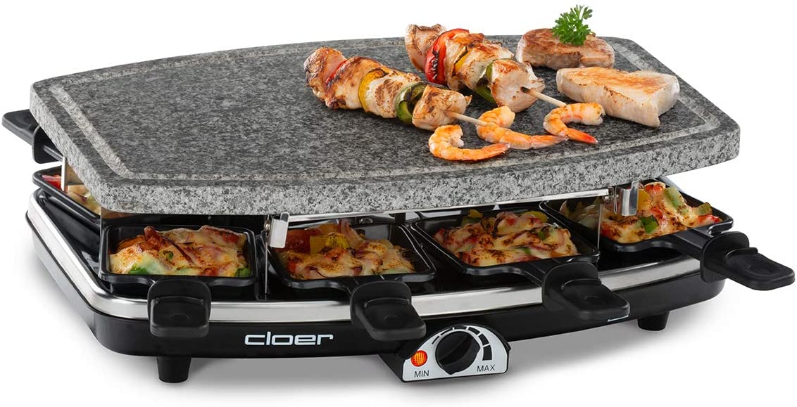 Cloer 6430 Raclette Grill with Natural Stone, 1200 Watt, 8 Pans Non-Stick Coating with Heat-Insulated Handles