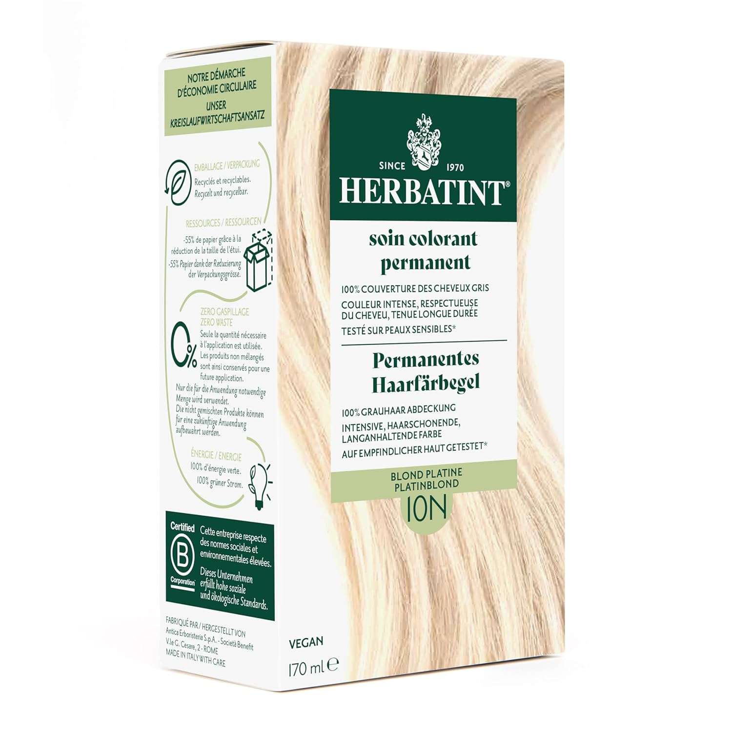 Herbatint Permanent Hair Dye Gel 10N Platinum Blonde - 170 ml I No Ammonia, Optimal Gray Hair Coverage I Tested for Sensitive Skin with 8 Plant Extracts