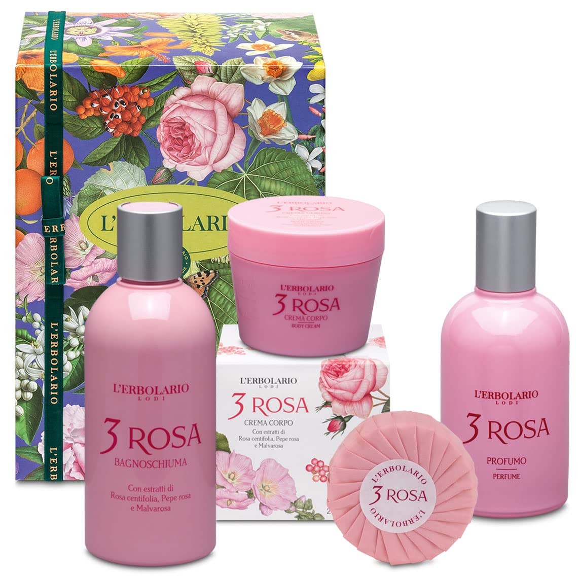 L\'Erbolario - 3 Pink Gift Box in Original Packaging (Shower Gel 250ml, Body Cream 200ml, Fragrance 50ml, Soap 100g) + Free Florinda Plant Soap 50g