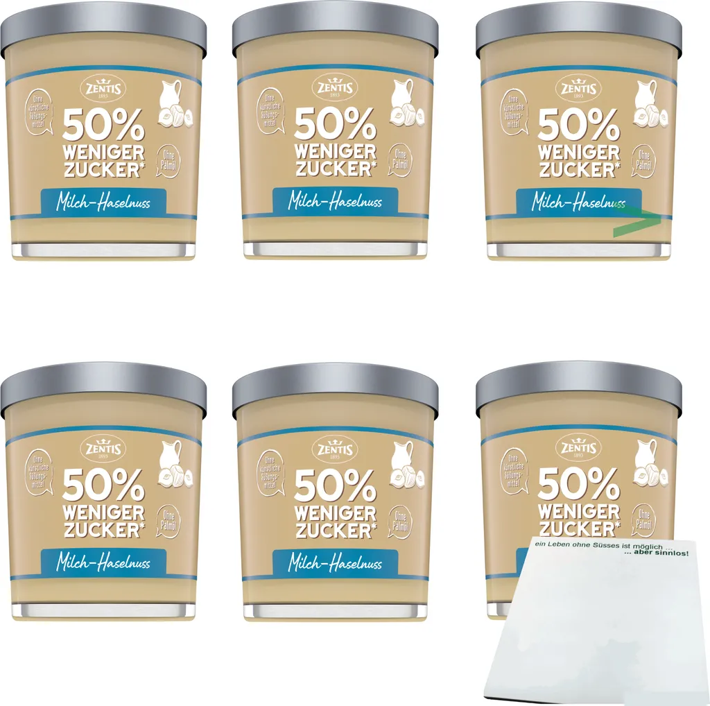 Zentis Milch-Halsenuss-Creme 50% weniger Zucker ohne Palmöl 6er Pack (6x200g) + usy Block