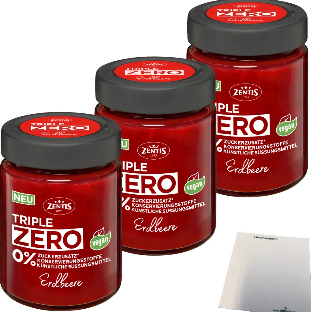 Zentis Triple Zero Aufstrich Erdbeere Brotaufstrich 3er Pack (3x185g Glas) + usy Block