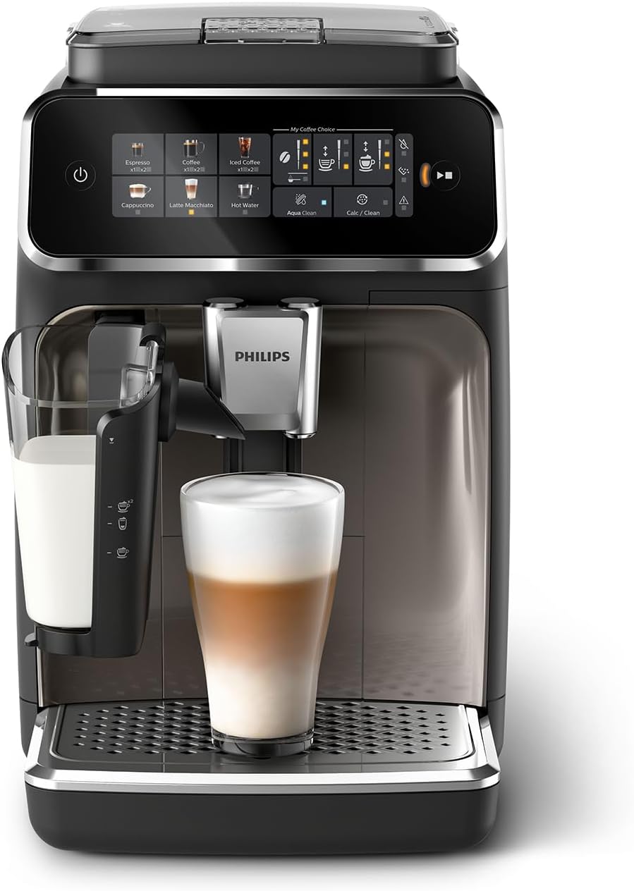 Philips 3300 Series Fully Automatic Espresso Machine - 6 Drinks, Modern Color Touch Screen Display, Lattego Milk System, Silentbrew, 100% Ceramic Grinder, Aquaclean Filter, Black Chrome (EP3347/90)