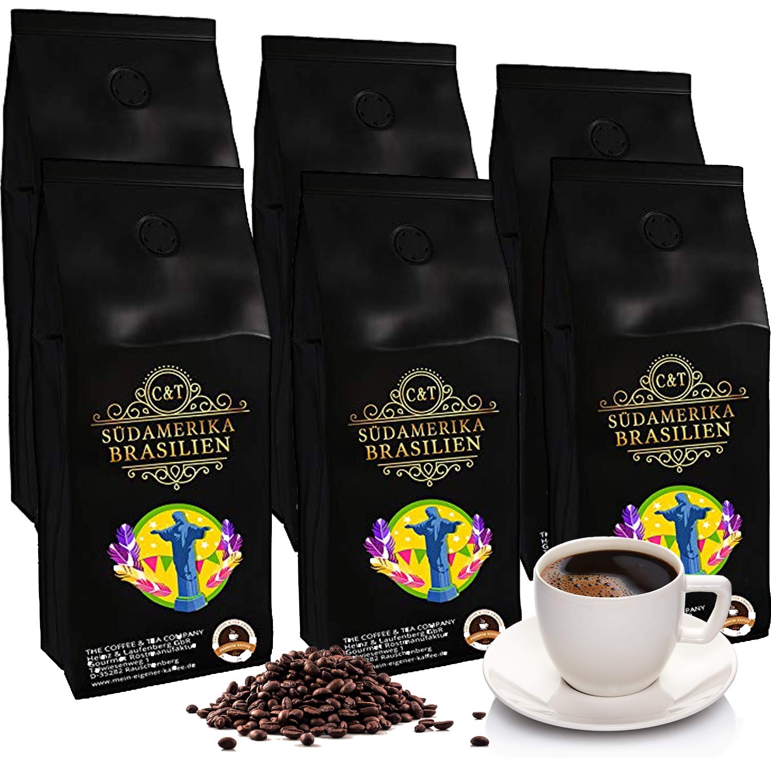 Coffee Café Crema Brasil, mild & aromatic, whole bean, extra acid low (6 x 500 g)