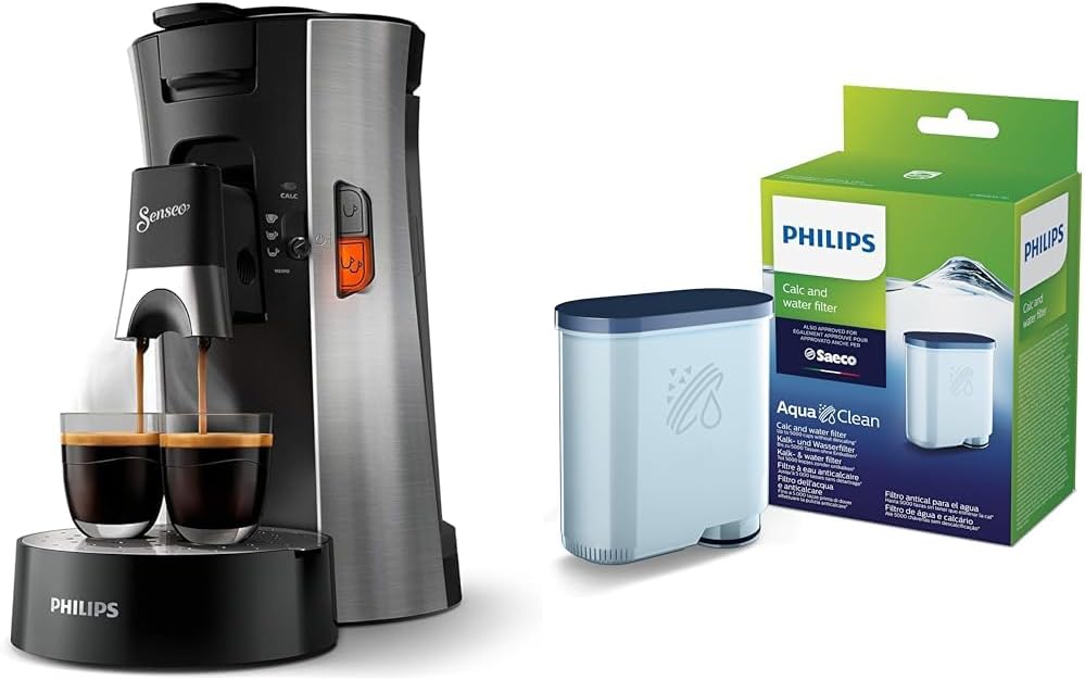 Philips Senseo Select Coffee Pad Machine with Crema Technology and Water Filter for Espresso Machine, No Descaling up to 5000 Cups, Double Pack