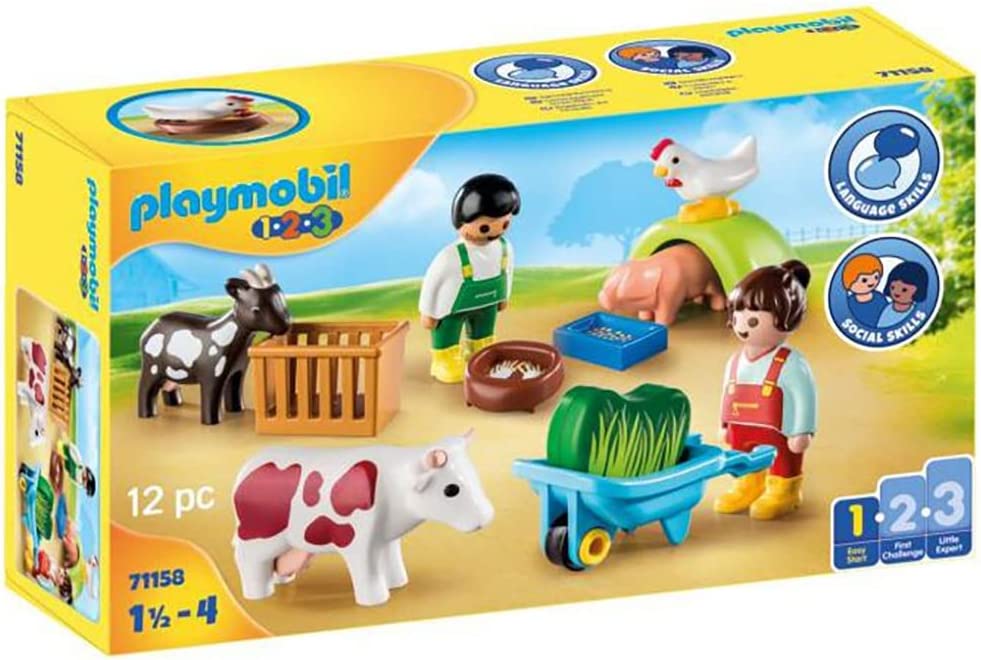 PLAYMOBIL 1.2.3 71158 Fun on the Farm, with Nest for Placing the Hen and Wheelbarrow to Push, First Toy for Children from 1.5 to 4 Years