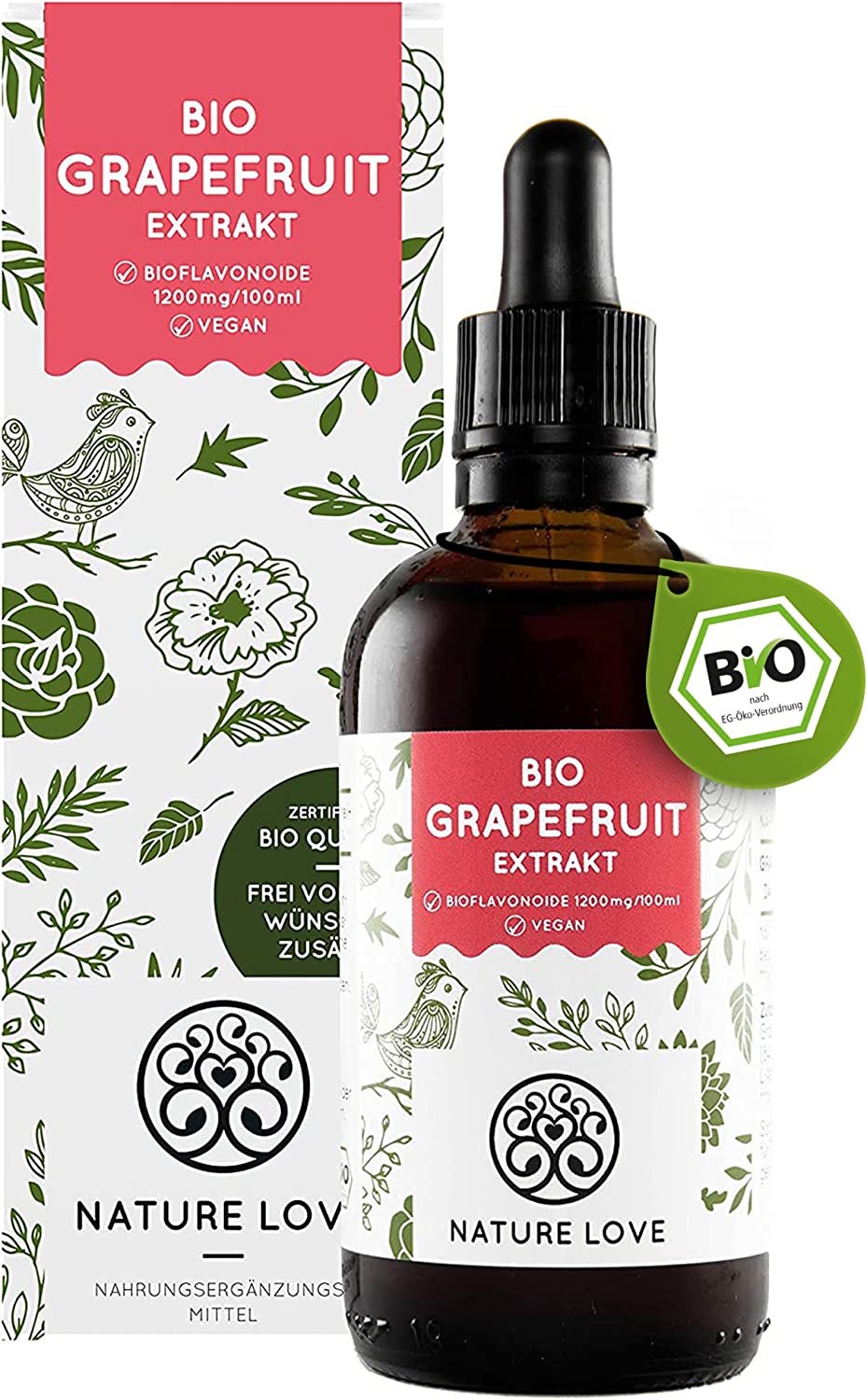 Nature Love Organic Grapefruit Seed Extract, 1200 mg Bioflavonoids Per 100 ml, Laboratory Tested and Certified Organic, Grapefruit Extract from Core and Peel, High Dose, Vegan, Made in Germany