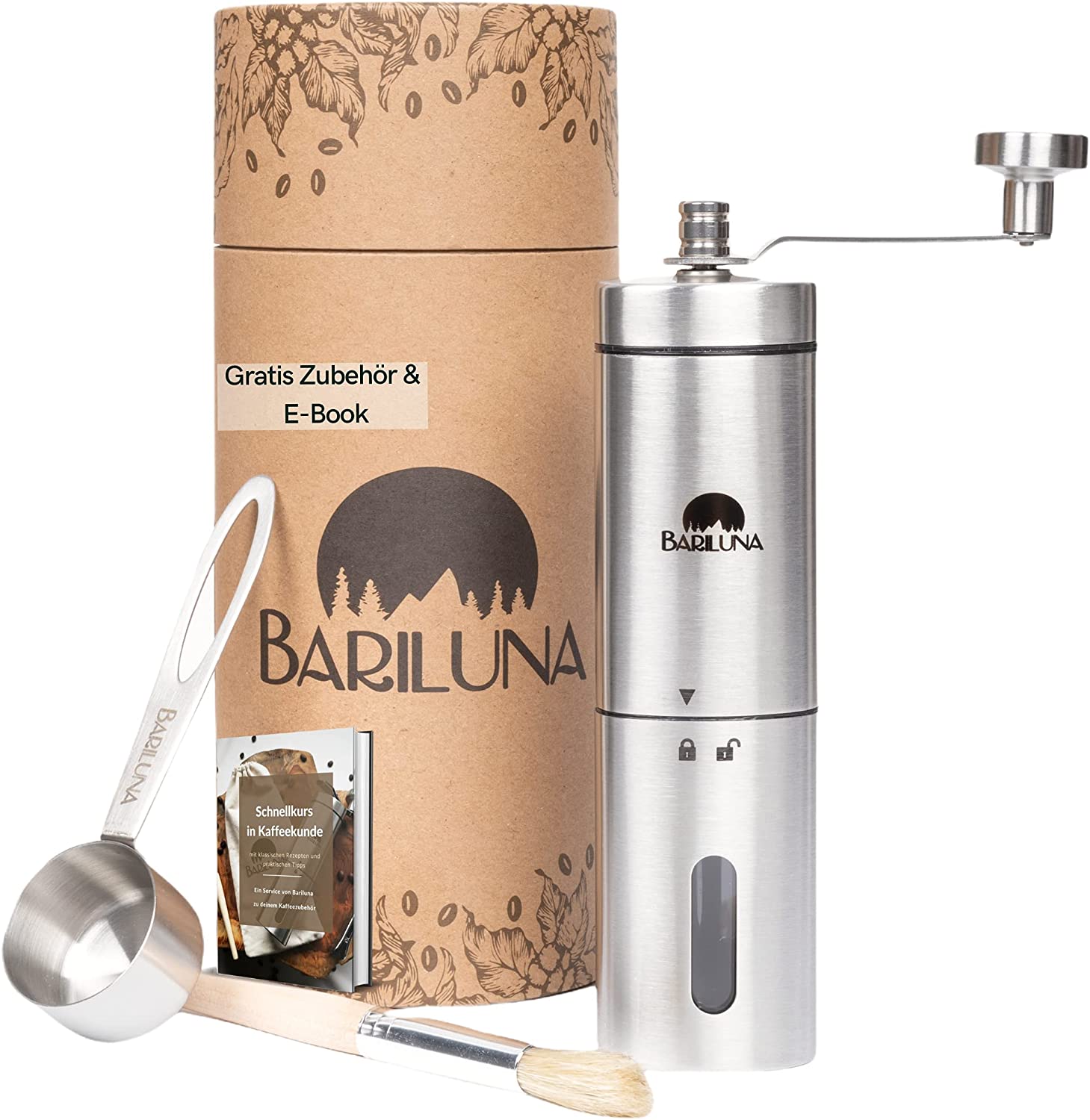 BARILUNA® Premium Manual Coffee Grinder with Ceramic Grinder | Hand Coffee Grinder Without Slipping | Espresso Grinder Made of High-Quality Stainless Steel | Grinding Setting | Coffee Grinder for Camping and Motorhome