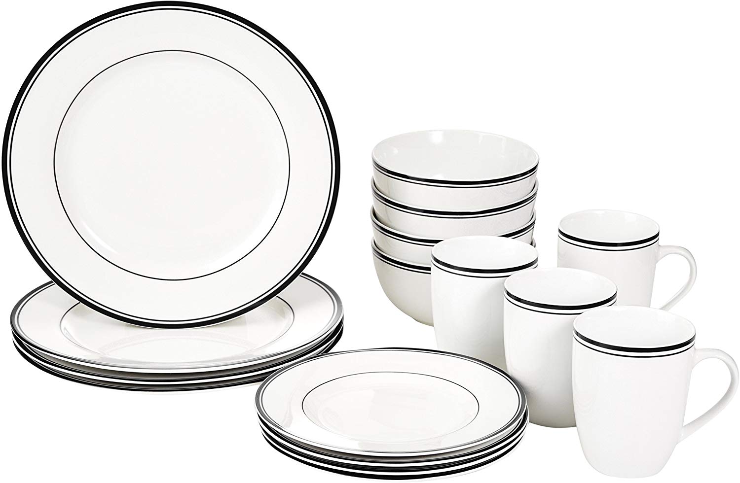 AmazonBasics Basics 16-Piece Cafe Stripe Dinnerware Set, Service for 4, Black
