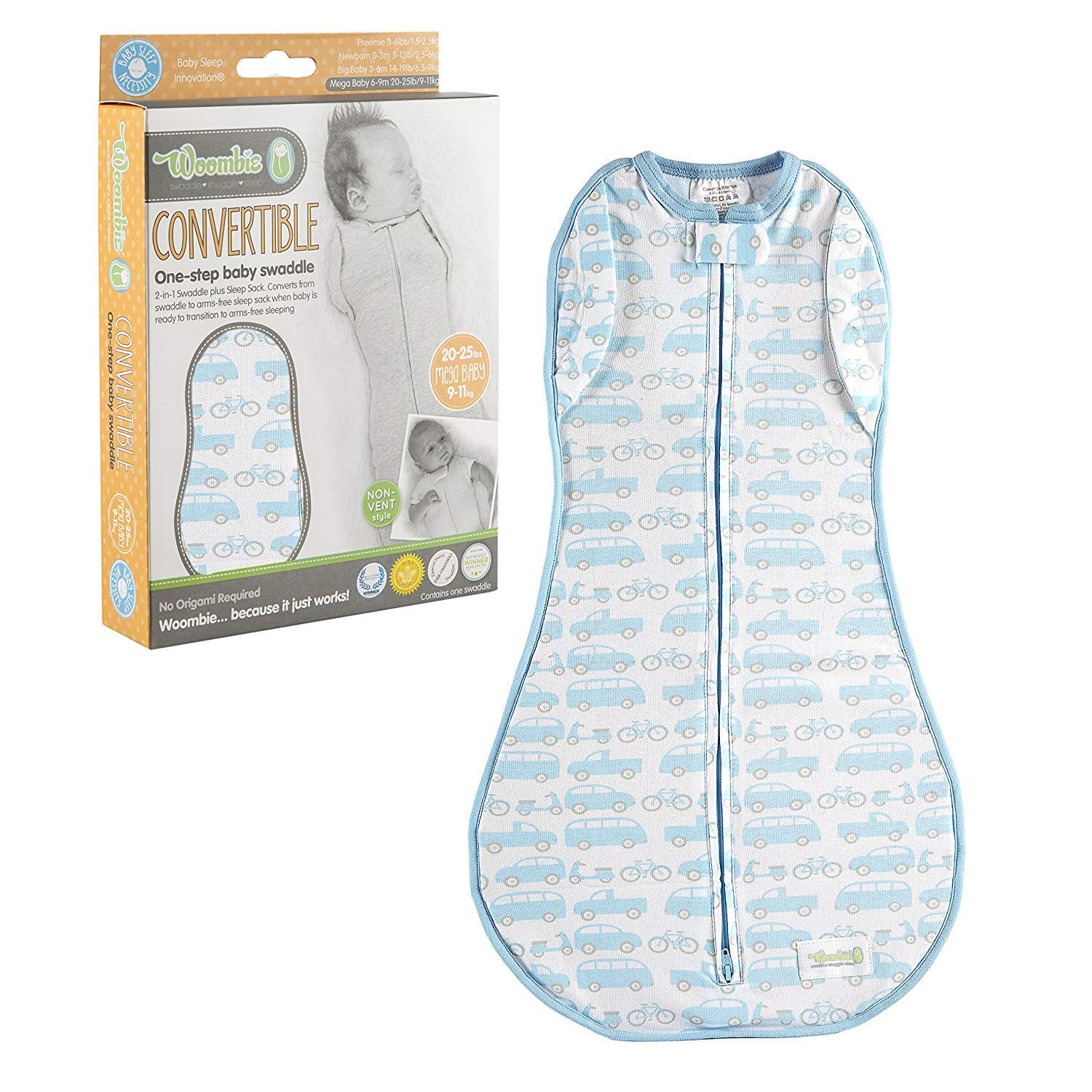 Woombie Convertible Baby Cocoon Swaddle (Beep Beep Cars)