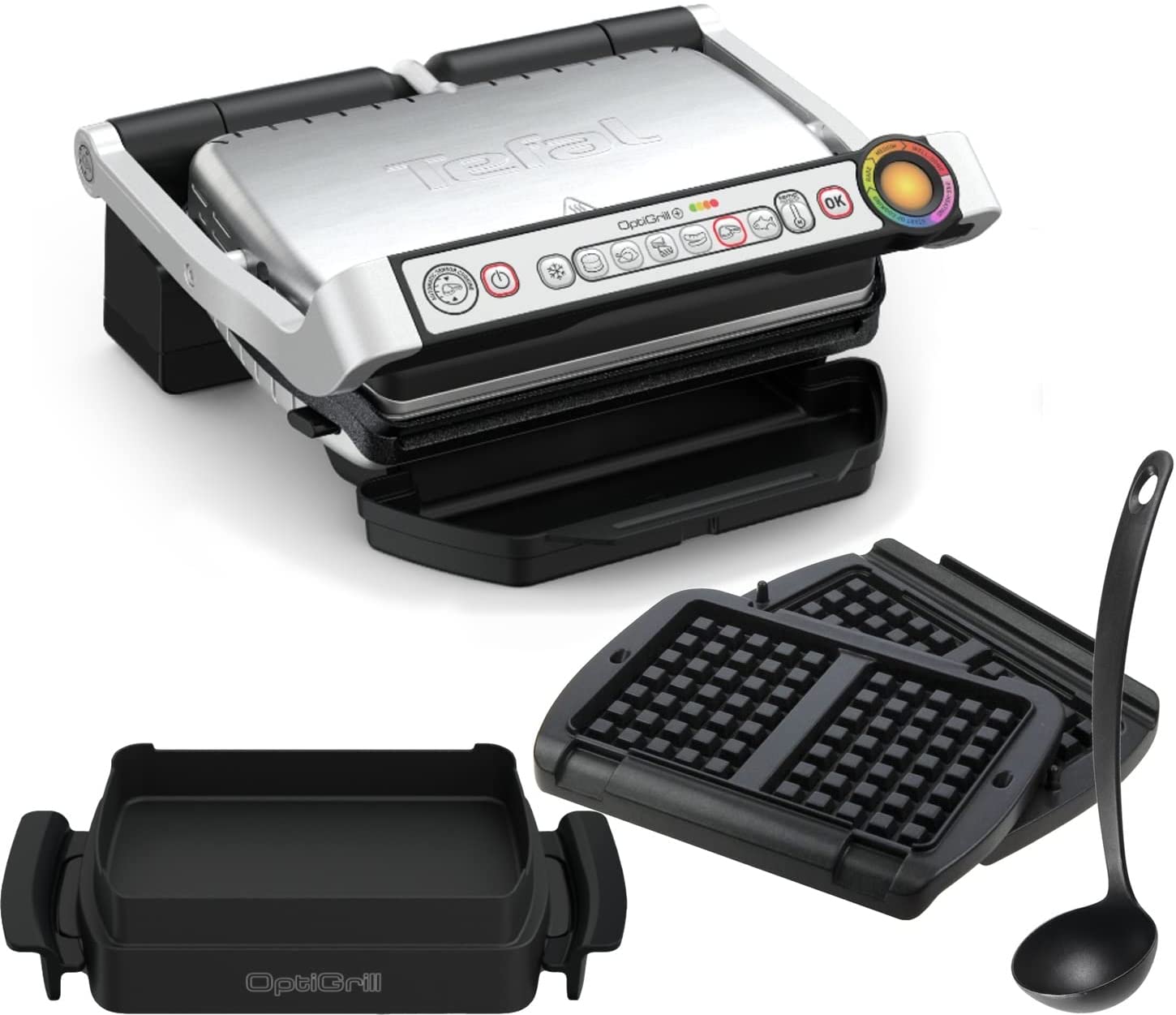 Tefal OptiGrill+ Electric Contact Grill + XA7238 Waffle Plates, Ladle XA7258 Snacking & Baking Baking Tray, 6 Grill Programs, Stainless Steel