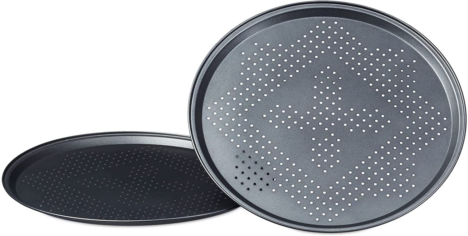 Relaxdays Pizza Tray with Perforation in Set Round Pizza Baking Trays with Extra Large Diameter: Approx. 29 cm Baking Tray for Pizza and Tarte Bée Pizza Baking Set in Set of 2 Non-Stick Coating, Anthracite