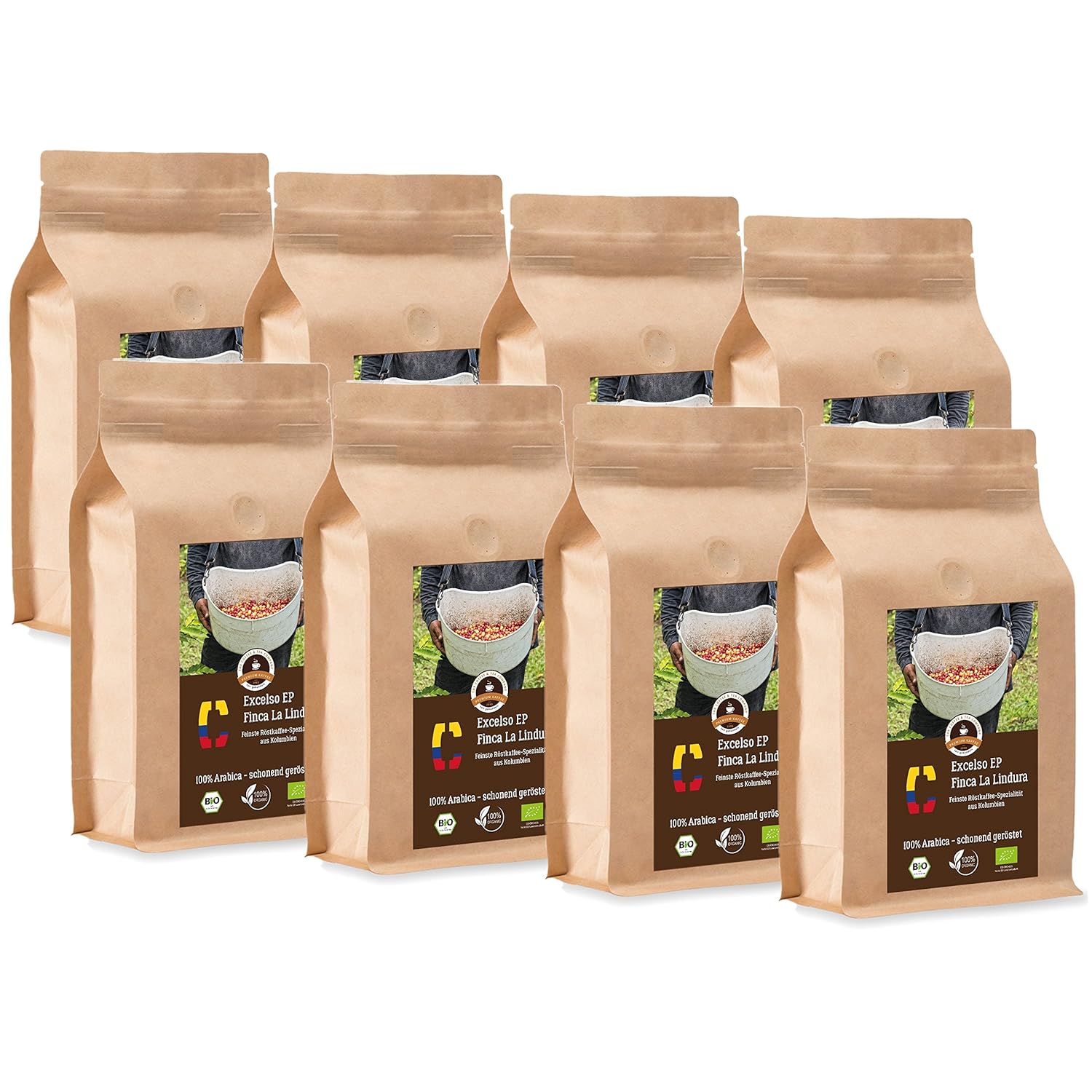 Coffee Globetrotter - Colombia Excelso EP Finca la Lindura - Organic - 8 x 1000 g Medium Ground - for Fully Automatic Coffee Grinder - Roasted Coffee from Organic Cultivation | Gastropack Economy Pack