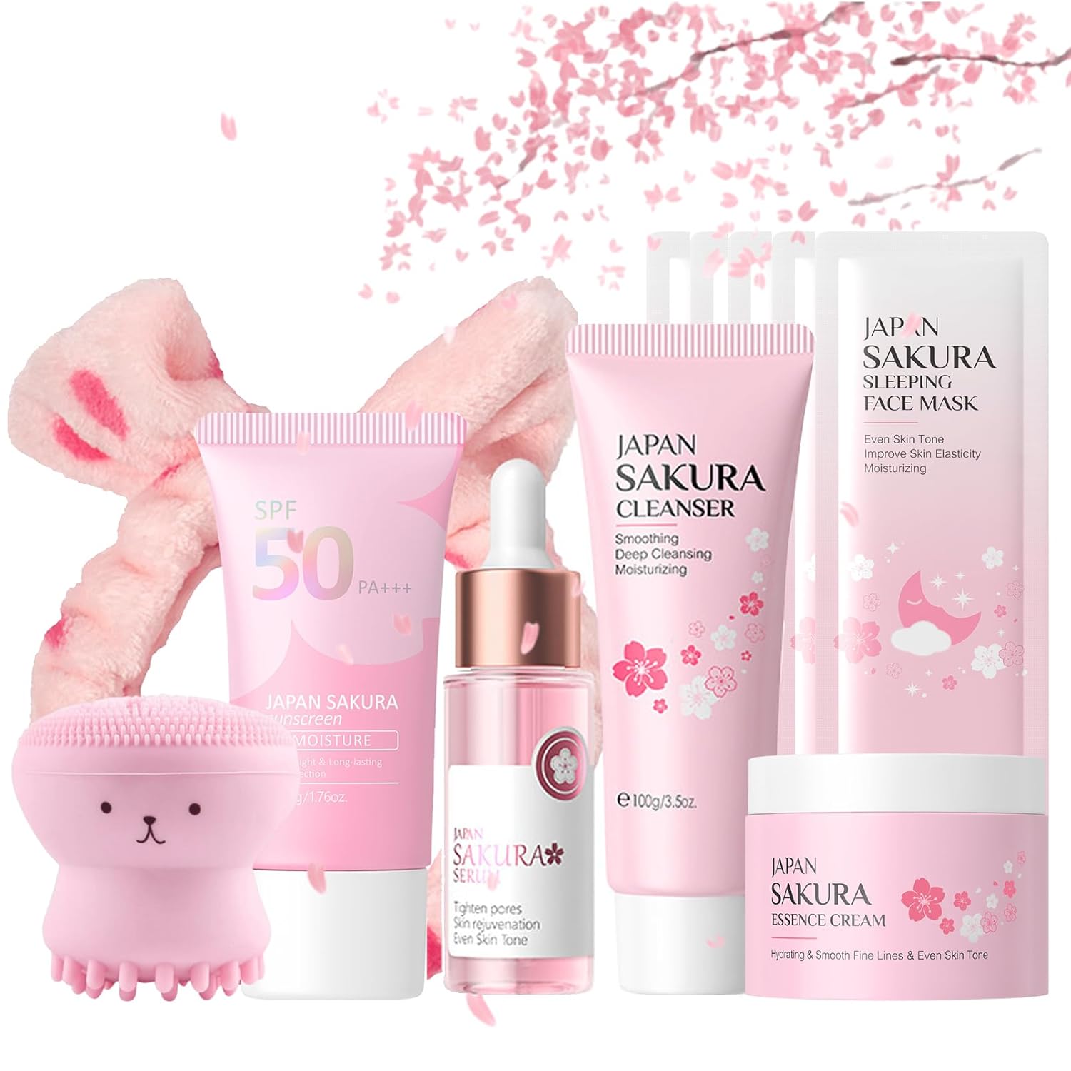 Japan Sakura Skincare Set for Teenage Girls, Sakura Skin Care Set Gift Set Women, Face Care Beauty Set, Skin Care Gifts Set - Cleanser Serum Cream Sunscreen Hair Bands Brush Mask
