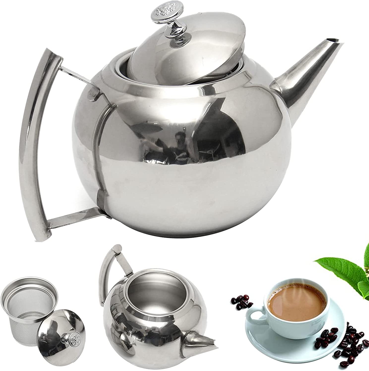 Stainless Steel Teapot with Strainer Insert, 1.5 L/2 Litre Kettle Coffee Pot with Lid and Carry Handle, Heated Tea Maker for All Scented Tea and Infusion Tea (2 L)