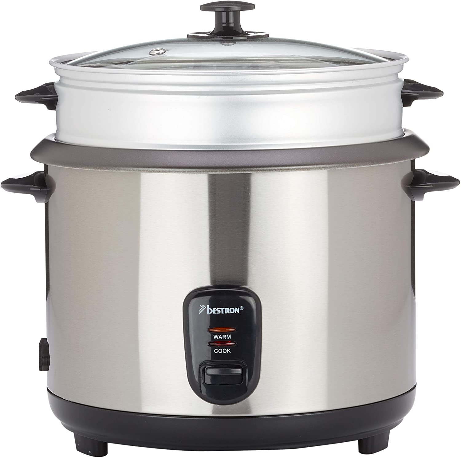 Bestron Large Rice Cooker for 12-15 People, Includes Steamer Attachment, Measuring Cup & Rice Spoon, with Non-Stick Coating and Indicator Light, Dishwasher Safe, 2.8 Litres, 1000 W, Colour: Silver