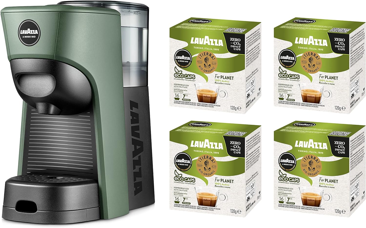 Lavazza, A Modo Mio Tiny Eco Green Coffee Machine With 64 Capsules ¡Tierra! For planet included, espresso machine made of recycled plastic, 1450 W, 220-240 V, 50/60 Hz, 0.6 Litres