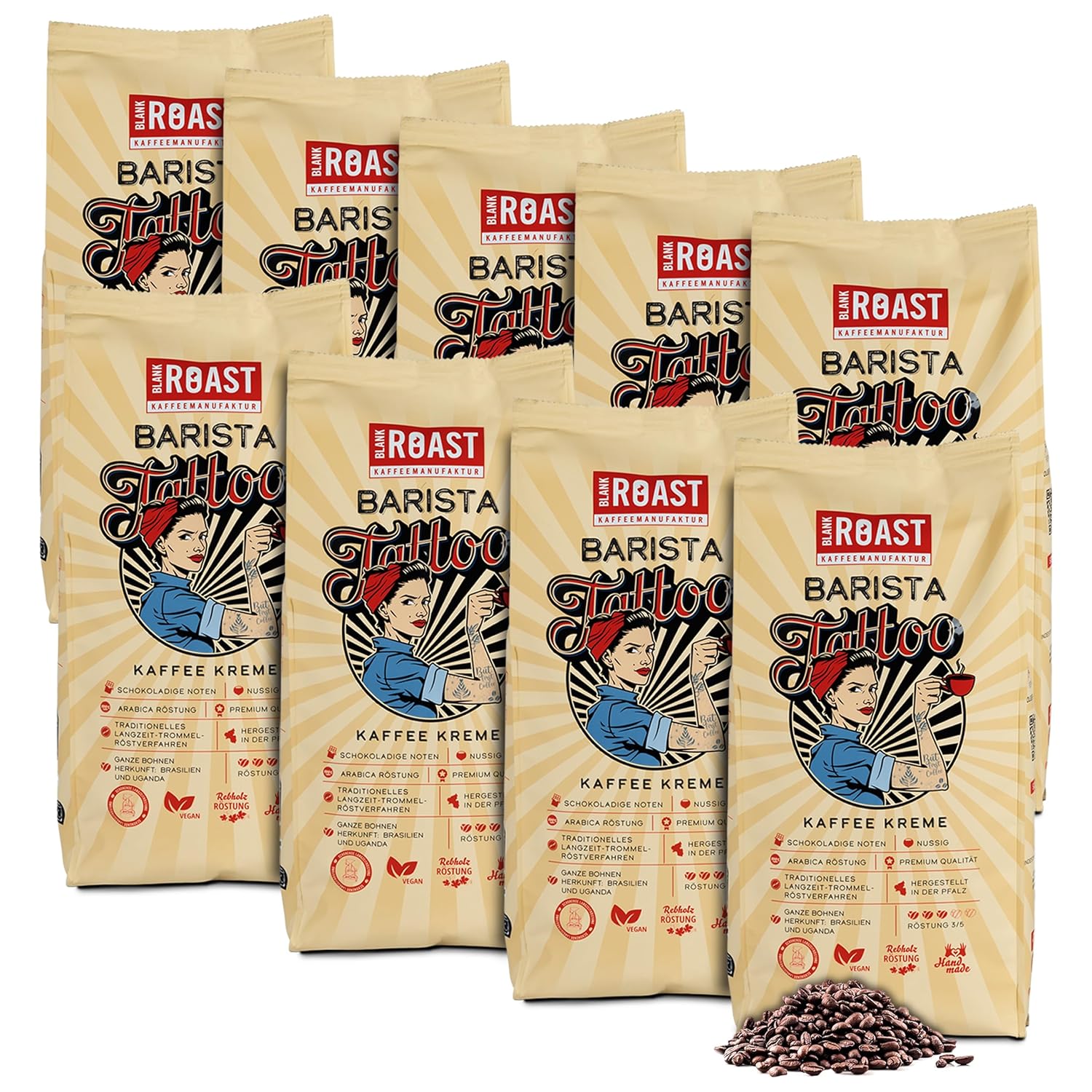 BLANK ROAST - Barista Tattoo Coffee Cream - 1 kg (Pack of 9) - Roasted in Drum Roasting - Beans from the Best Growing Regions - Premium Arabica - Strong, Chocolate & Nutty - Low Acid