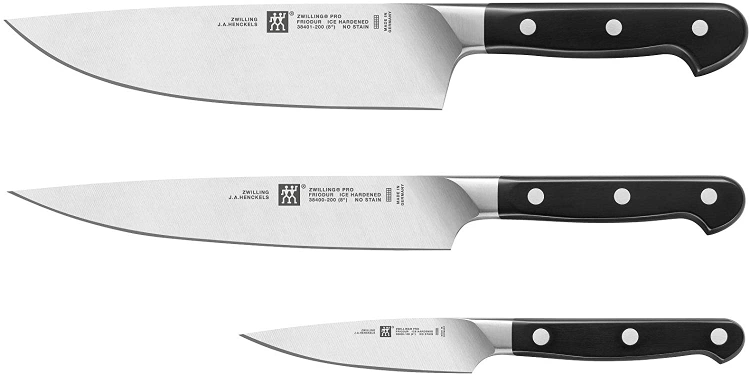 ZWILLING Pro Knife Set, 3 Pieces, Paring and Garnish Knife, Meat Knife, Chef\'s Knife, 11, 20 and 20 cm, Stainless Steel, Plastic Handle, Black
